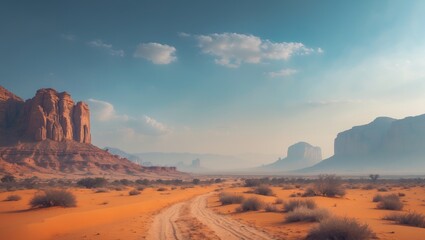 Naklejka premium Hazy desert landscape with orange sand and clouds in a national park, ideal for offroad adventures