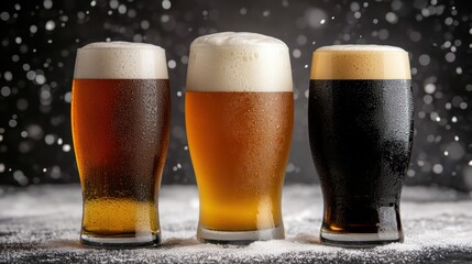 Variety of Craft Beers: A trio of artisanal beers, each with a unique hue and frothy head, presented against a moody backdrop, evoking a sense of connoisseurship and the pleasures of tasting. 
