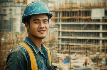 Fototapeta premium Smiling Thai construction worker in a tidy uniform, standing proudly on a busy construction site