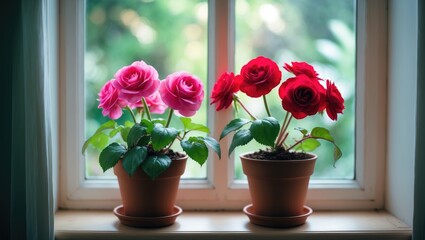 Colorful begonia flowers on the house window. Home gardening scene. Sharp focus.