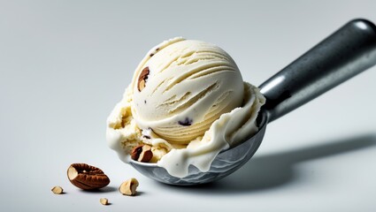 Fototapeta premium isolated scoop of vanilla ice cream with caramel ball on light background