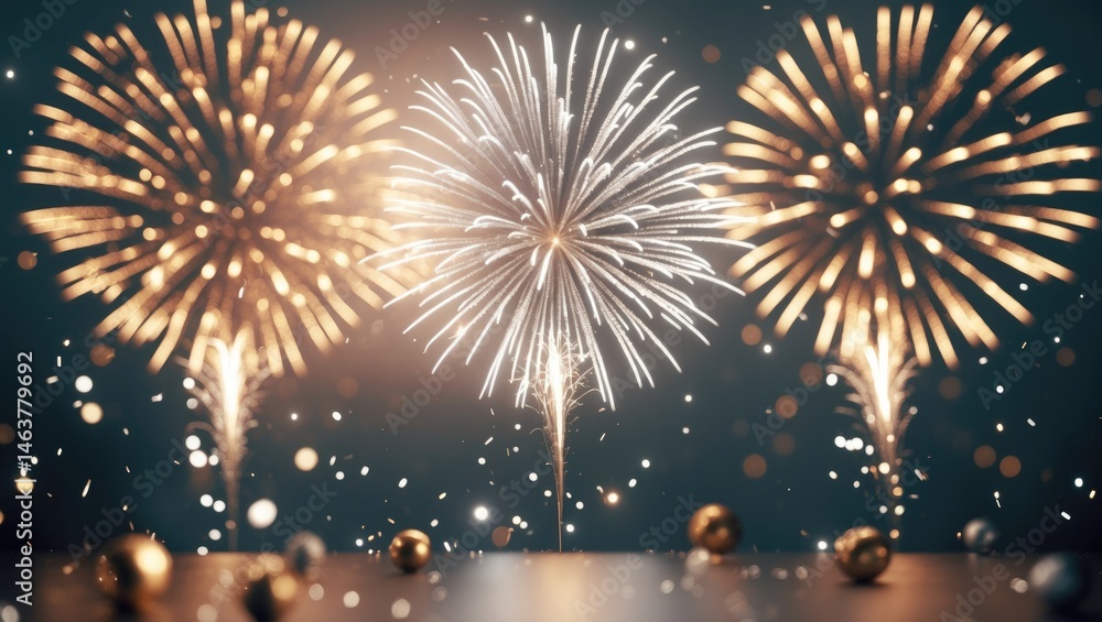 Poster fireworks display in gold and silver with bokeh and copy space on an abstract holiday-themed backgro