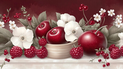 Vibrant fruit and floral composition with red apples and raspberries  