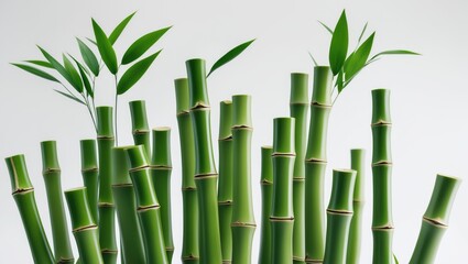 Fototapeta premium Green bamboo with leaves isolated on background, captured with full depth of field