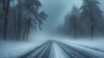 Obraz premium Heavy snowstorm impacting a winter road during a blizzard
