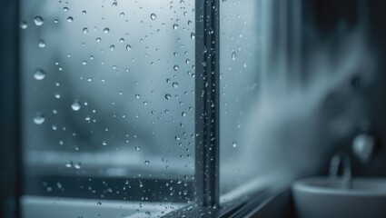 Bathroom window featuring blurred glass, fog, and flowing water