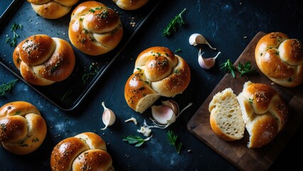 Buns on a baking sheet against a black background