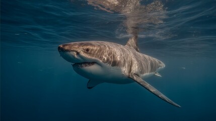 Naklejka premium Majestic Great White Shark Swimming Gracefully Underwater in Clear Blue Ocean Waters