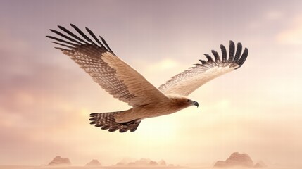 Majestic Hawk Soaring Above Serene Landscape at Sunset