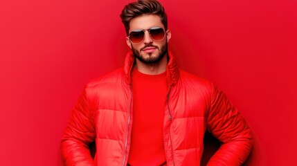 Red Confidence: A man wearing a red puffer jacket, sunglasses, and a red long-sleeved shirt exudes confidence and style with a powerful gaze.