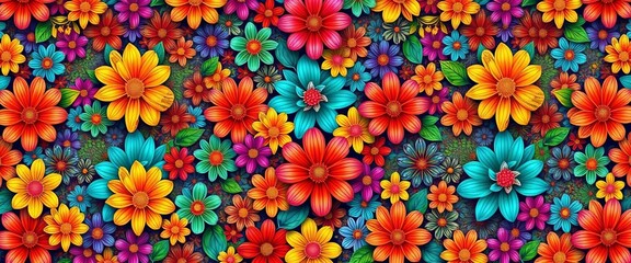 Vibrant digital painting of densely packed, repeating floral motifs forming a seamless background, illustration, surface