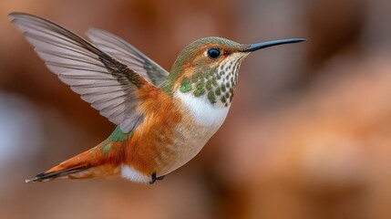 Naklejka premium Stunning hummingbird in mid-flight showcasing vibrant colors and intricate details against a soft blurred background