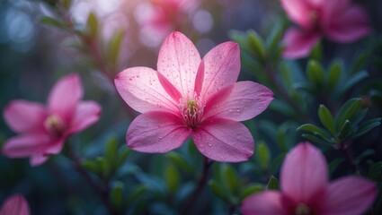 Vibrant pink floral display in garden shrubs