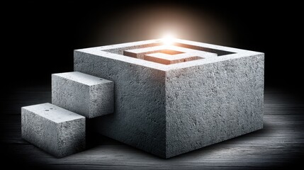 Abstract Stone Structure with Light and Staircase on Dark Background