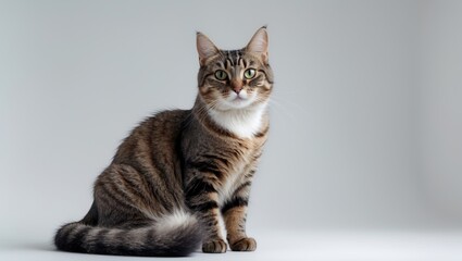Adorable feline with short fur and expressive eyes on a plain white backdrop