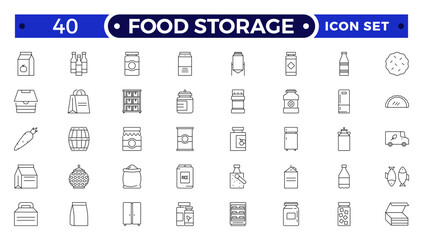 Food storage outline icon set .Groceries Icon Set. Fresh Produce, Dairy, Snacks, Meats, Condiments, Beverages, Baby Food, Household Items.