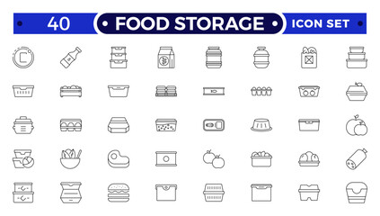Food storage outline icon set .Groceries Icon Set. Fresh Produce, Dairy, Snacks, Meats, Condiments, Beverages, Baby Food, Household Items.