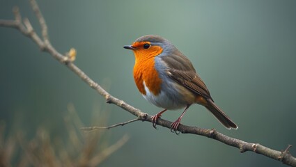 Fototapeta premium Close-up of a vibrant songbird, the robin, on a branch in nature