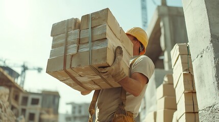 Construction Worker Carrying Bricks at a Building Site