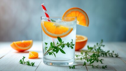Fototapeta premium Infused water with citrus in a drinking glass for detox and healthy diet, professional photograph