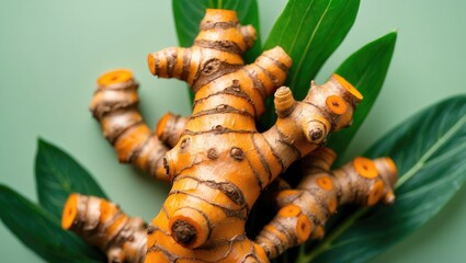 Naklejka premium Fresh turmeric roots with plant and leaf details in a natural setting