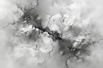 A black and white photo of a cracked wall with clouds in the background