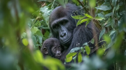 Fototapeta premium Emotional Moment Between Mother Gorilla and Infant in Natural Habitat Surrounded by Lush Green Foliage in the Wild