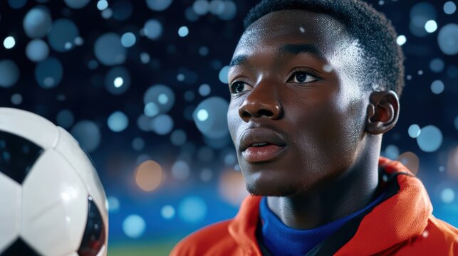 A young soccer player, eyes fixed on the ball and game, his brow etched with determination and a sheen of perspiration, African American man