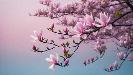 Obraz premium Full bloom magnolia branches in a panoramic scene, emphasizing the beauty and vibrant colors of nature