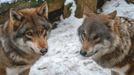 Two majestic wolves with captivating gaze in a snowy landscape, showcasing their beautiful fur and natural behavior in the wilderness