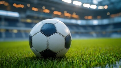Soccer ball on vibrant green grass in a stadium.