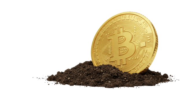 Isolated Golden Bitcoin Coin Emerging from Rich Soil