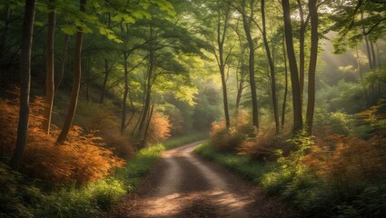 Fototapeta premium Calm forest walk bathed in soft sunlight
