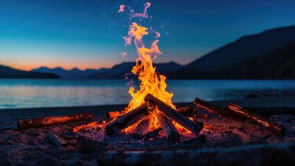 Naklejka premium Campfire on the dark beach surrounded by wood and smoke