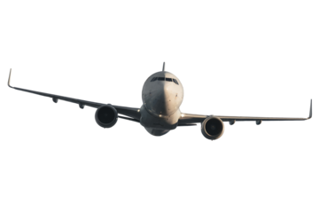 Close-up view of a passenger airplane against transparent background, concept for travel brochures, aviation advertising, and transportation industry