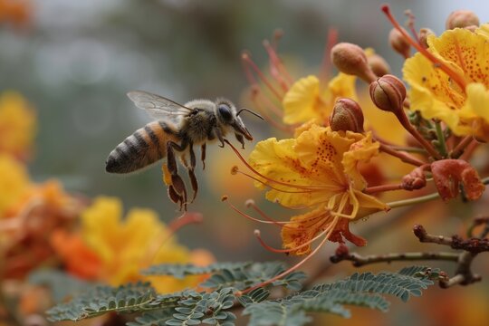 A bee on a yellow flower with a green background