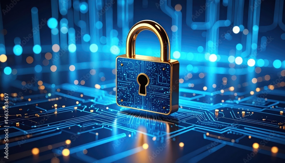 Poster a digital padlock stands on a circuit board, symbolizing cybersecurity and data protection in a mode