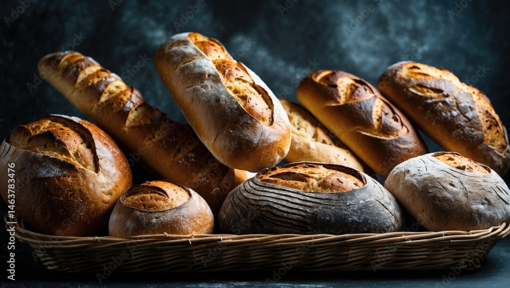 Poster different types of bread displayed on a dark background, bakery setting, close-up view with room for
