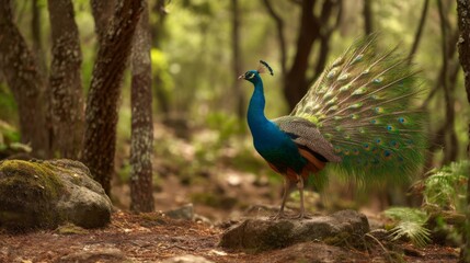 Majestic peacock displaying vibrant feathers in lush green forest, showcasing beauty of nature and wildlife in tranquil setting