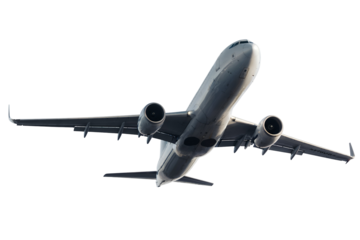 Close-up view of a passenger airplane taking off against transparent background, concept for travel agency brochure, airline advertising, and aviation industry