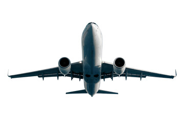 Close-up view of a commercial airplane's underside against transparent background, concept for travel advertising and aviation industry