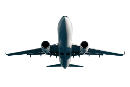 Close-up view of a commercial airplane's underside against transparent background, concept for travel advertising and aviation industry - Powered by Adobe