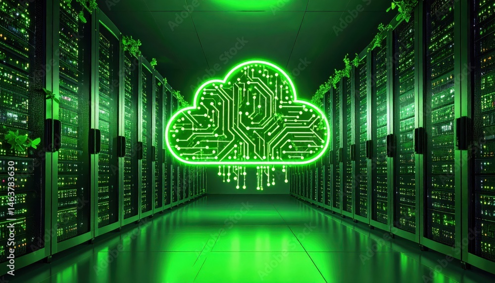 Poster a vibrant green cloud symbol with circuit patterns illuminates a server room filled with technology,