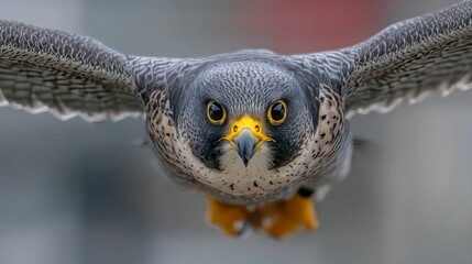 Majestic Peregrine Falcon in Flight with Intense Gaze and Magnificent Wing Span Capturing Nature's Beauty and Power