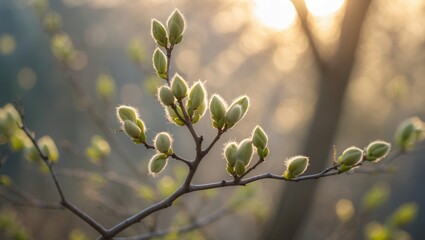 Early spring scene of willow branches with blossoming buds and sun rays, highlighting the natural season's bloom.