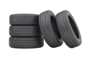 Stack of four car tires against transparent background, concept for automotive industry, transport and vehicle maintenance
