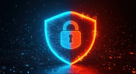 Glowing shield icon with padlock split blue and red against a dark background.
