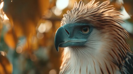 Fototapeta premium Majestic eagle perched among vibrant foliage, showcasing striking feathers and intense gaze in a natural setting