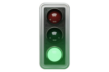 A detailed 3D render of a traffic light with red, amber, and green lights against transparent background, concept for transportation, road safety, and app interface design