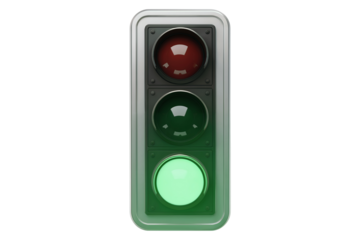 A detailed 3D render of a traffic light with red, amber, and green lights against transparent background, concept for transportation, road safety, and app interface design
